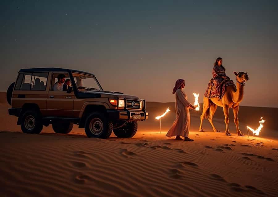 Doha: Nighttime Desert Safari with Dune Bashing & Camel Ride - RCGJ+88 Ash Shaqra’: sand, slopes, and the first rush