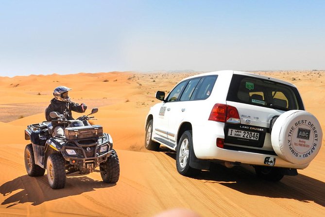 Dubai Desert Safari Dune Bashing, 60min ATV Quad, Camel Ride, BBQ - Quad biking across open sand