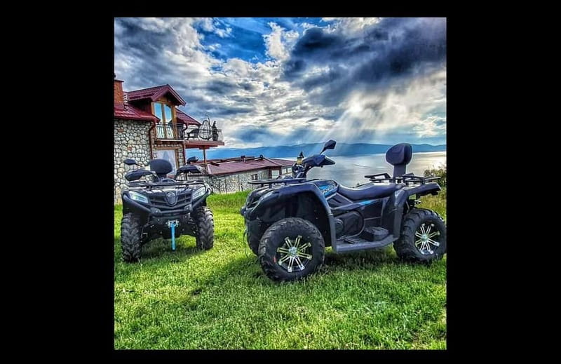 Quad ATV Bike Galicica, from Ohrid. - Starting at the wooden motel buildings